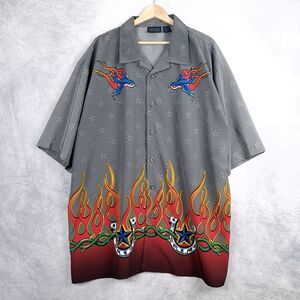 Vintage Y2K Bowling Shirt Mens XXXL Flames Stars Sparrows Rockabilly Camp Shirt